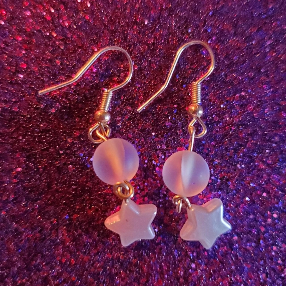 Opal frosted rainbow bead & pearly star dangly earrings - handmade